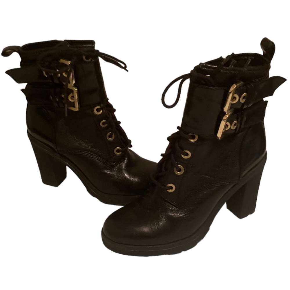 Guess Black Finlay High Heel Combat Boots Size 8M - Picture 2 of 12